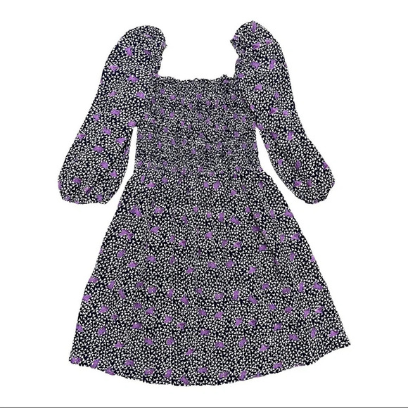 Maje Rappa Floral Print Smocked Puff Sleeve Dress Pockets Navy Purple Size M - Picture 5 of 14